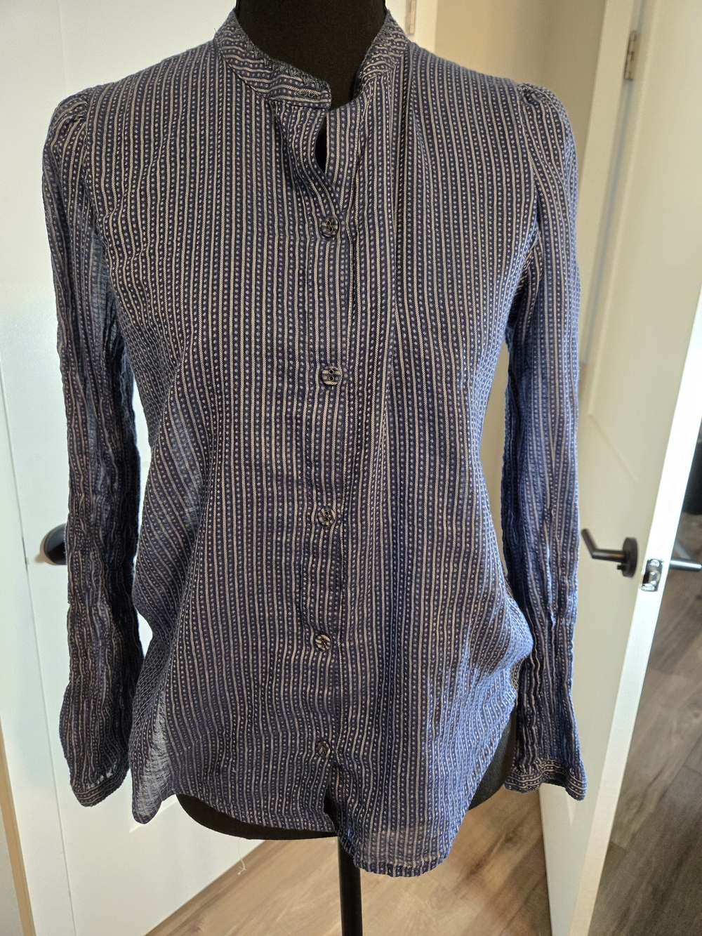Joie Blue Striped Cotton Button Down Blouse Small Boho Band Collar Top
